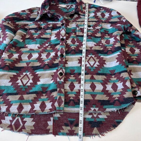 Aztec boho flannel schacket blue burgundy sweater jacket size med oversized - Picture 7 of 15